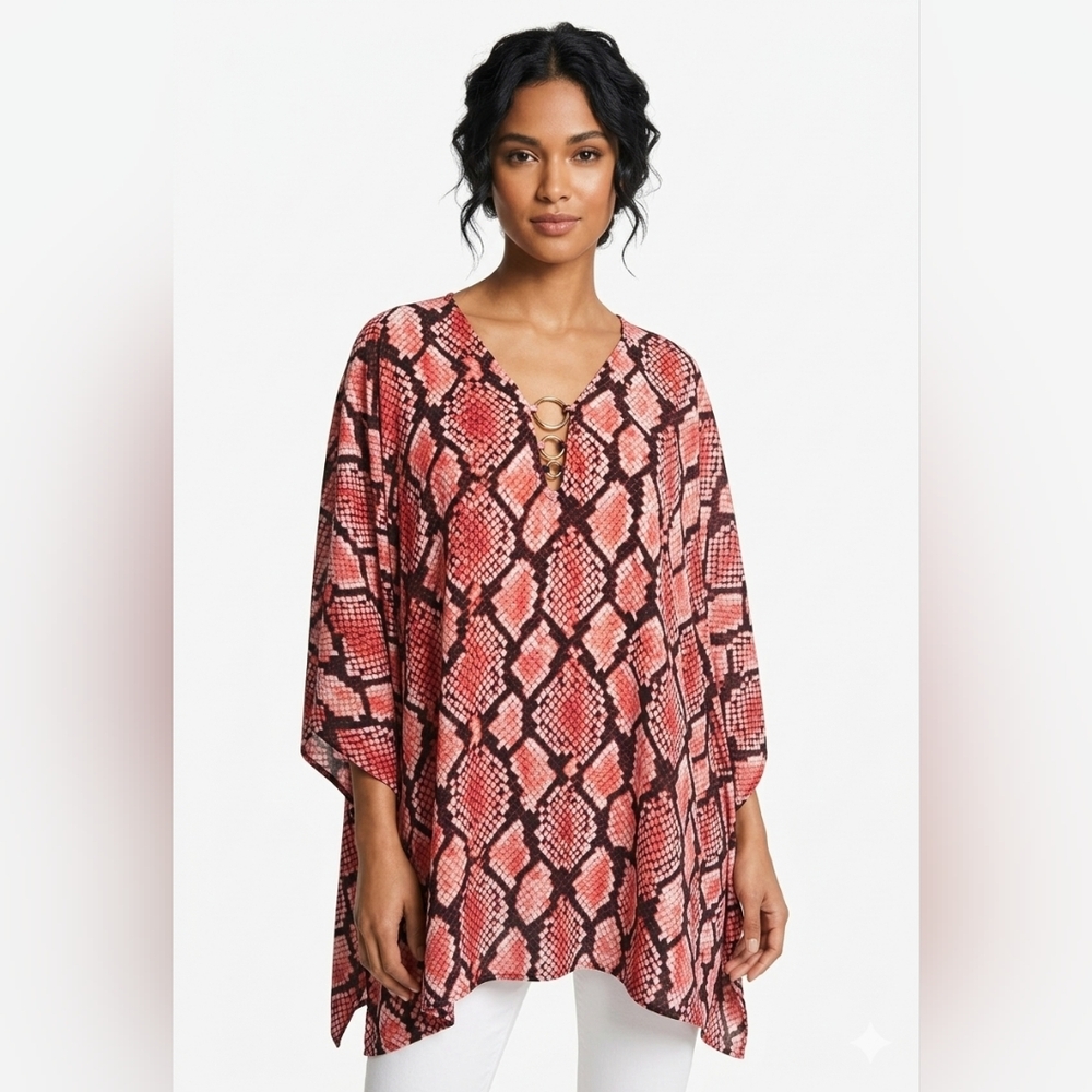 MICHAEL Michael Kors Snake-Print Poncho Top w/Gold Ring Accents Size L/XL
